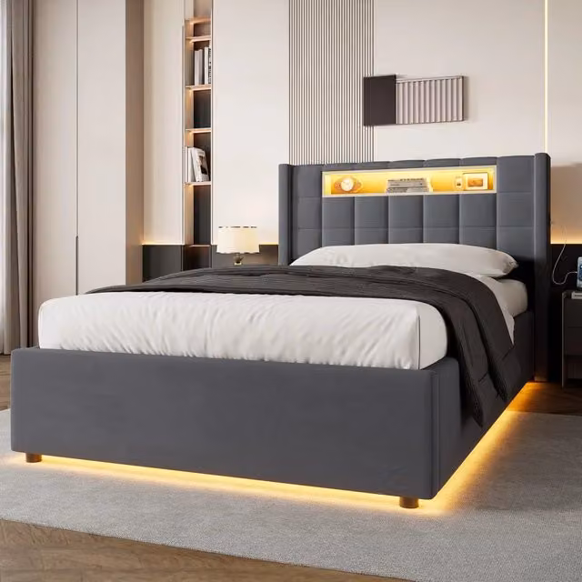 Letto singolo contenitore idraulico 90x200 cm con LED e ricarica USB/Type-C; velluto grigio scuro