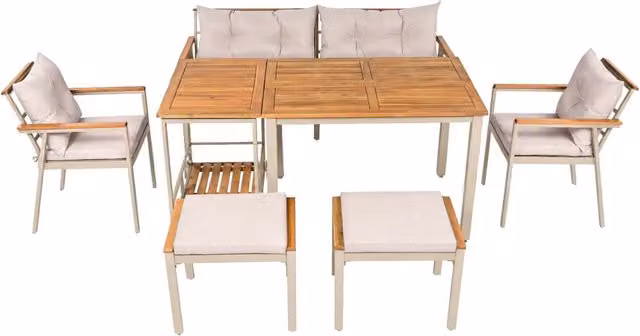 Set tavolo e sedie da giardino con tavolo, divano 2 posti, 2 sedie, 2 sgabelli e carrello in legno di acacia beige