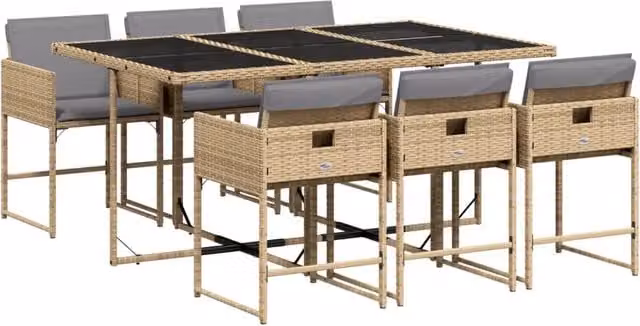 Set Salotto da Giardino Moderno in Polyrattan con Tavolo in Vetro e 7 Sedute con Cuscini Beige, Nero e Grigio – 1