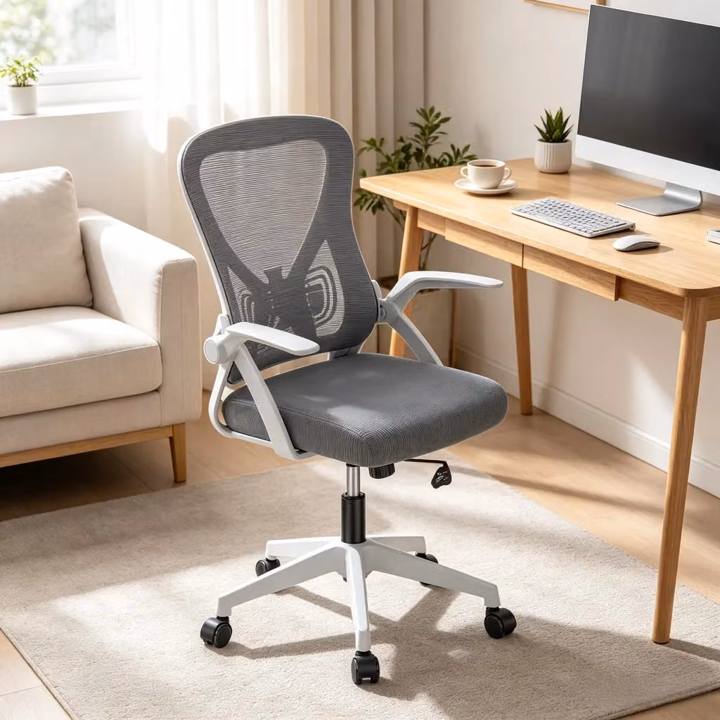 Sedia da ufficio ergonomica girevole OKWISH in tessuto e similpelle grigia con braccioli e design moderno per home office – 2