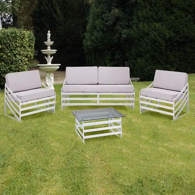 Tavolino Flen rettangolare in alluminio bianco e vetro trasparente per giardino e soggiorno