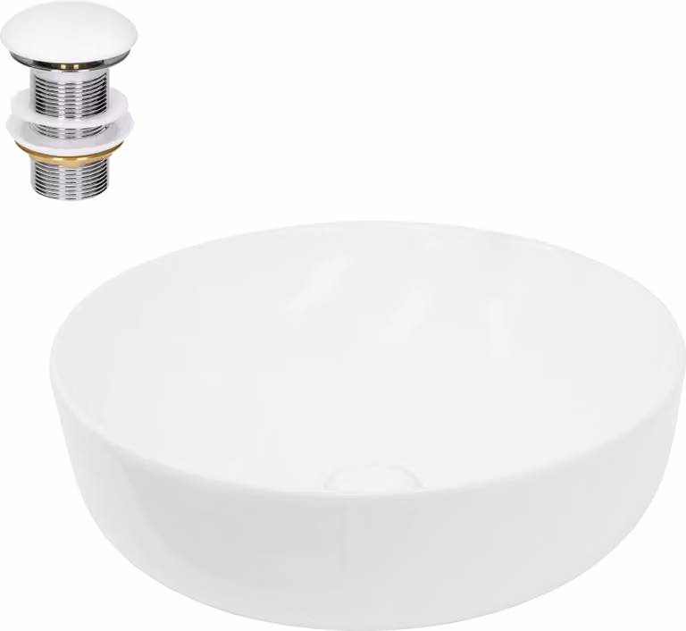Lavabo LuxeBath Lavabo da appoggio rotondo, Ø 40x13,5 cm, bianco, in Vetroceramica, incl. set di scarico senza troppopieno