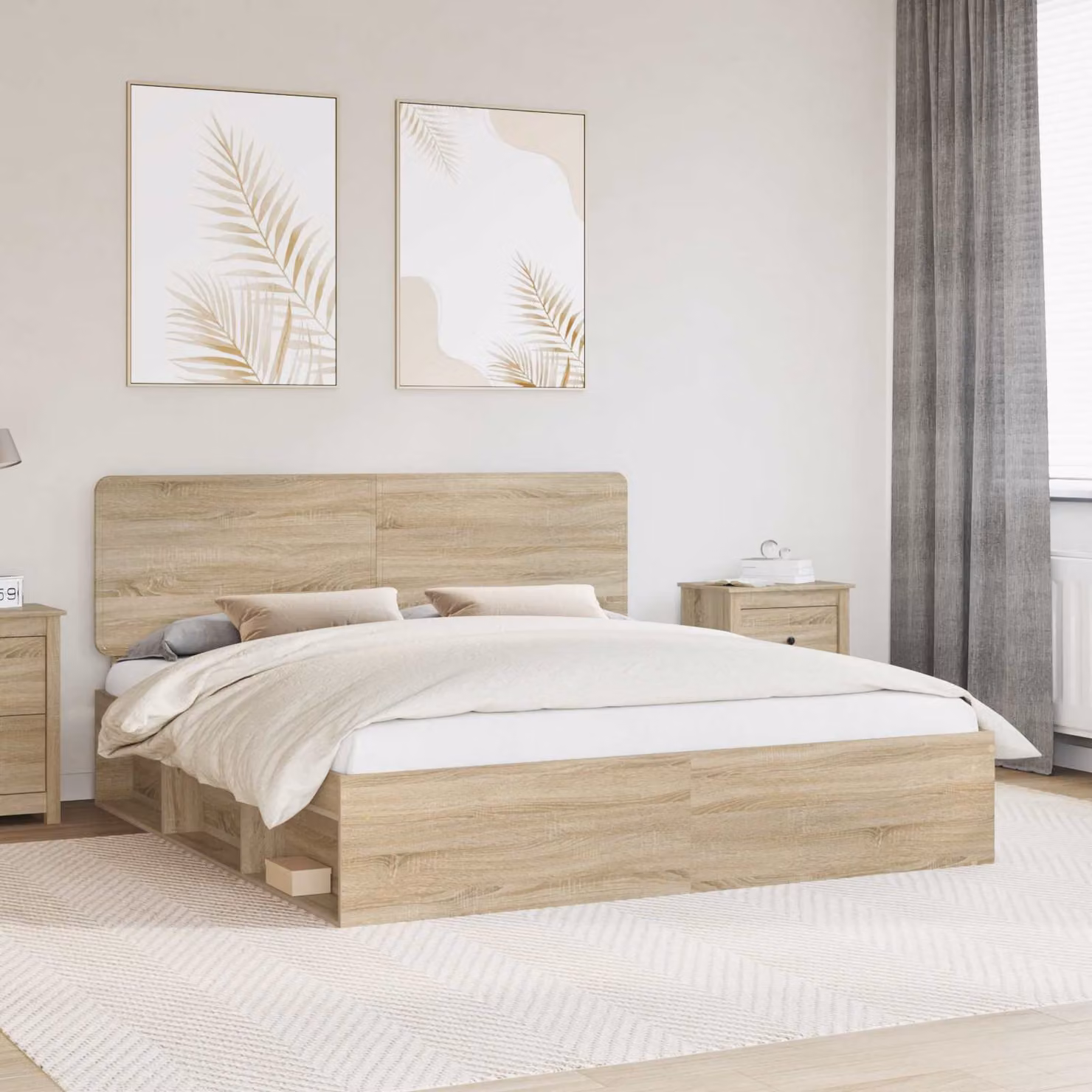 Struttura del letto moderna vidaXL in pino massello e legno, colore Rovere Sonoma, L/P/H: 200 x 200 x 206 cm
