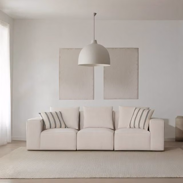 Divano modulare Banak beige in tessuto con cuscini, design minimalista per il tuo soggiorno