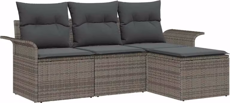 Set Divano da Giardino con cuscino 4 pcs Grigio Poly Rattan