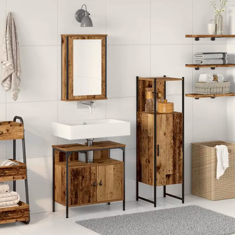 Set di mobili per il bagno moderno vidaXL in legno marrone e nero composto da armadietto con specchio, mobile lavabo e colonna alta, H x L x P: 120,5 x 36,46 x 30 x 60 x 30 cm