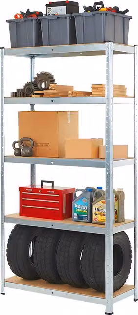 Scaffale KOMBO con 5 Ripiani in Metallo Zincato e MDF Effetto Legno, Colore Argento, H 180 x L 90 x P 40 cm