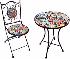 Set da giardino C Line Outdoor Antibes composto da tavolo tondo in ceramica con decoro mosaico multicolore e 2 sedie in acciaio verniciato a polvere, Diametro: 60 cm, Altezza: 75 cm