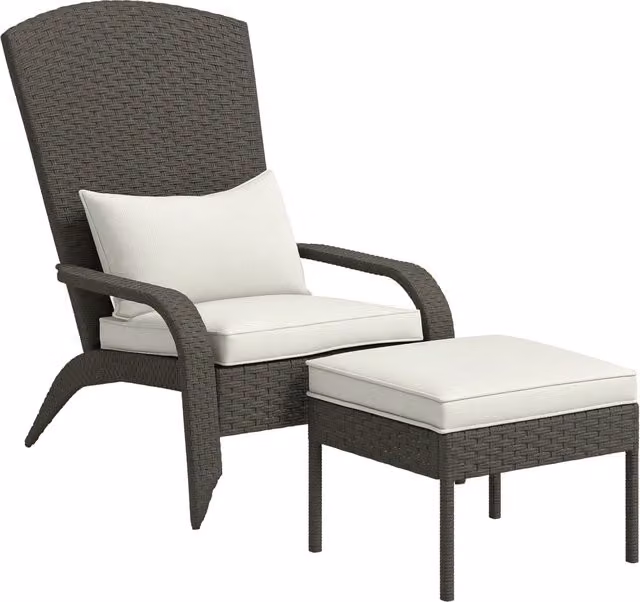 Sedia da giardino Minimal con poggiapiedi e cuscini in rattan e acciaio, Grigio e Beige, L: 64 cm, P: 82 cm, H: 89 cm