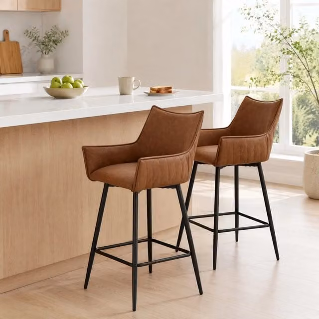 Set di 2 Sgabelli da Bar Vintage in PU Marrone con Braccioli e Struttura in Metallo 51x49x90 cm