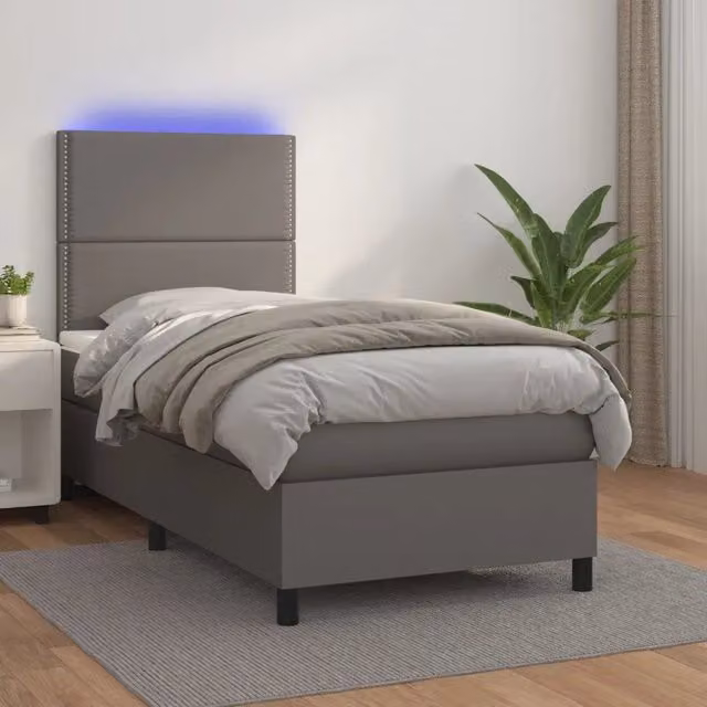 Letto con giroletto a molle, materasso ibrido e illuminazione LED vidaXL, similpelle grigia, L/P: 100 x 200 cm