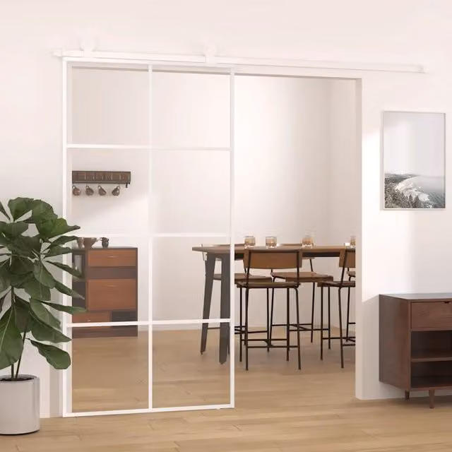 Porta Scorrevole Moderna vidaXL in Vetro Trasparente e Alluminio Bianco L: 102,5 cm, H: 205 cm