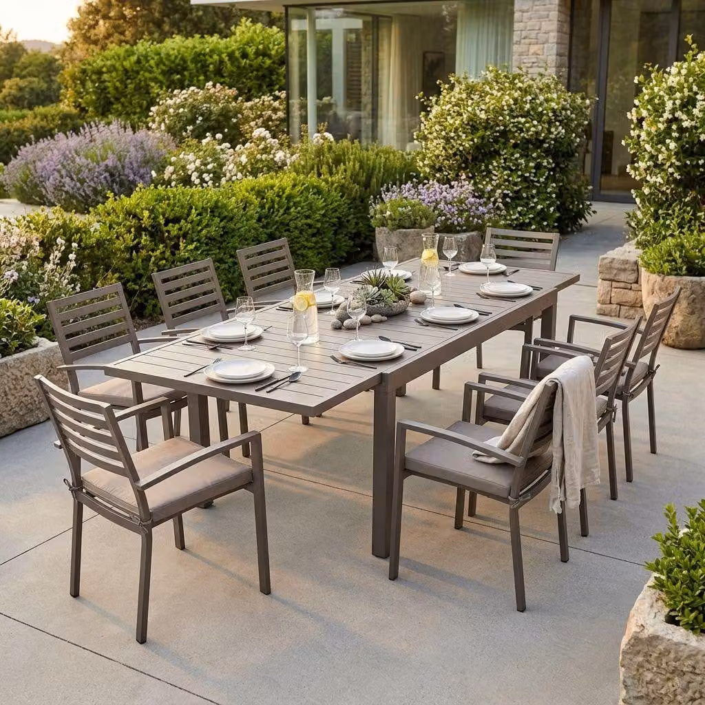 Milani Home - Set Tavolo Giardino Allungabile Rettangolare 200/300x100 Con 8 Poltrone In Alluminio Taupe Da Esterno - Taupe