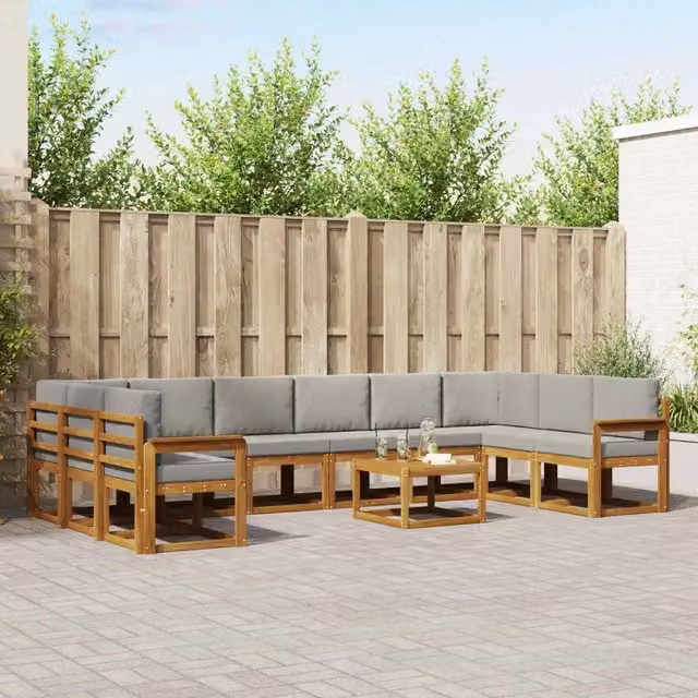 Set di divani da esterno a forma di U vidaXL in legno di acacia con cuscini grigi e tavolino da giardino – 1