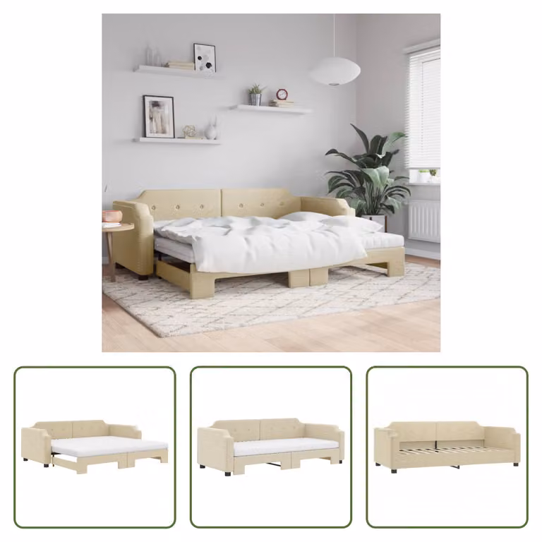 The Living Store letto da giorno allungabile con materassi panna 80x200 cm in tessuto