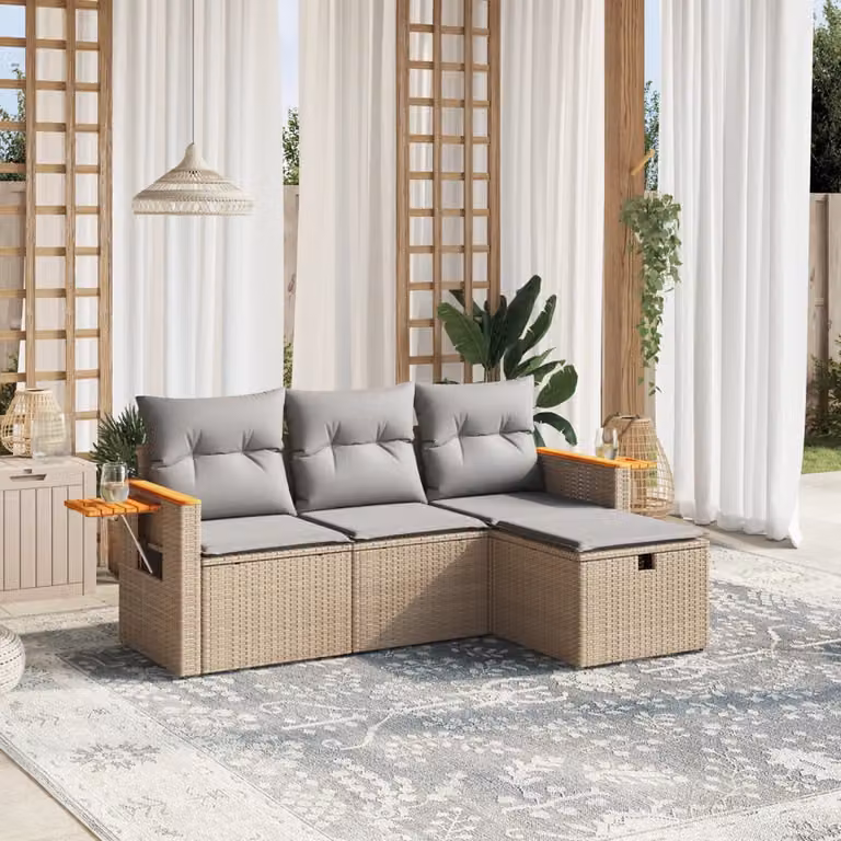 Set Divano da Giardino a L vidaXL 4 pz con Cuscini Beige e Grigio in Polyrattan e Acciaio