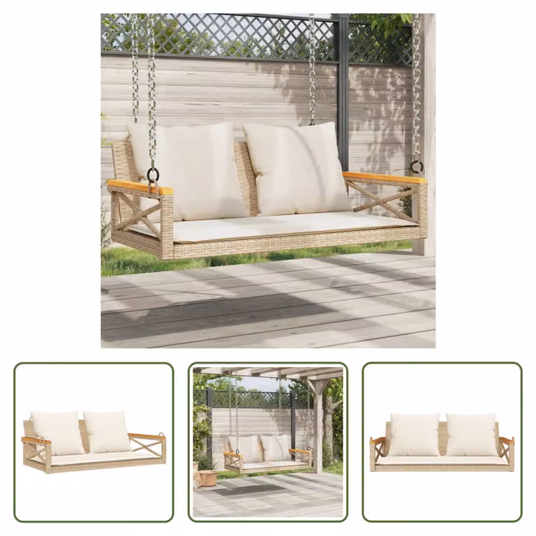 The Living Store Panca sospesa con cuscini Beige 109x62x40 cm Poly Rattan