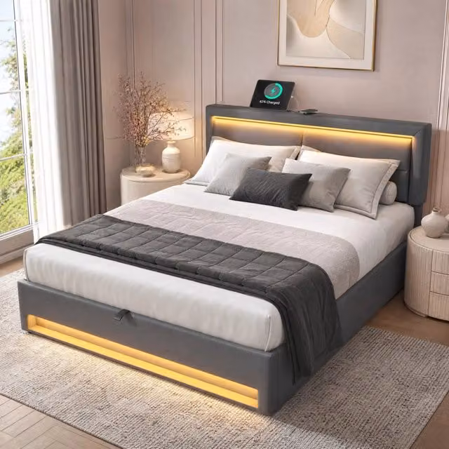 Letto imbottito 140x200 cm con USB; LED e contenitore; PU; grigio