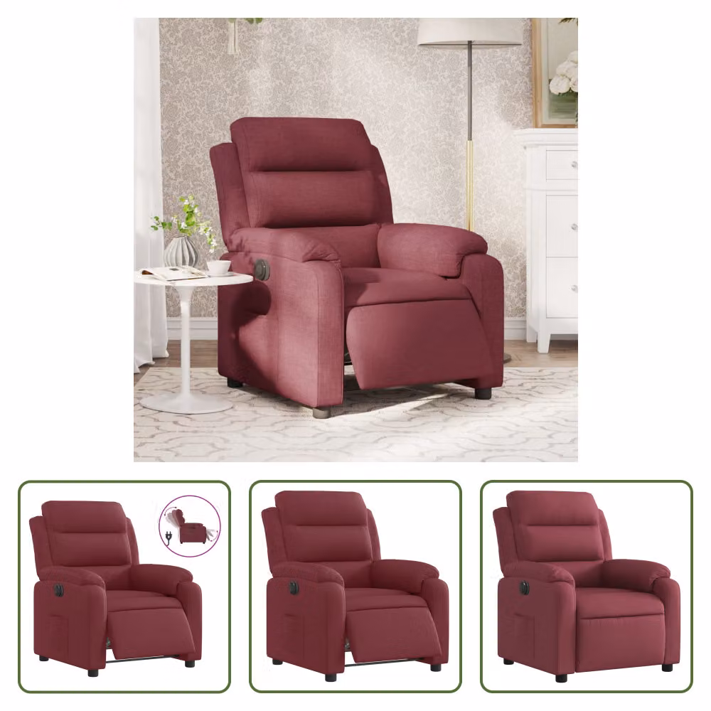 The Living Store Recliner elettrico in tessuto rosso vino