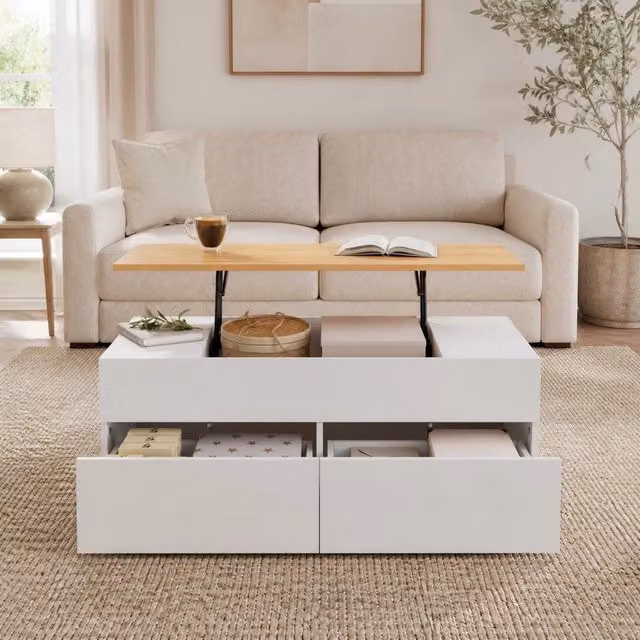 Tavolino da caffè sollevabile 100x50 cm bianco effetto legno con 2 cassetti