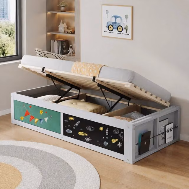 Letto per bambini multifunzione 90 × 200 cm con vano idraulico legno grigio con lavagna e libreria laterale