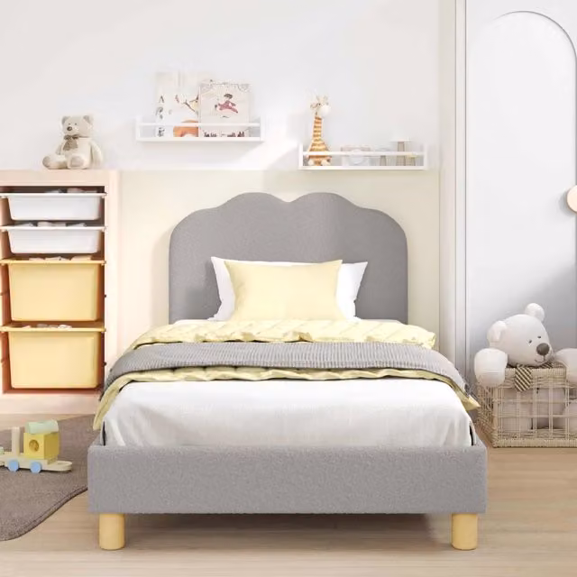 Letto moderno per bambini con struttura imbottita in tessuto bouclé grigio L/P/H: 190 x 90 x 85 cm – 1