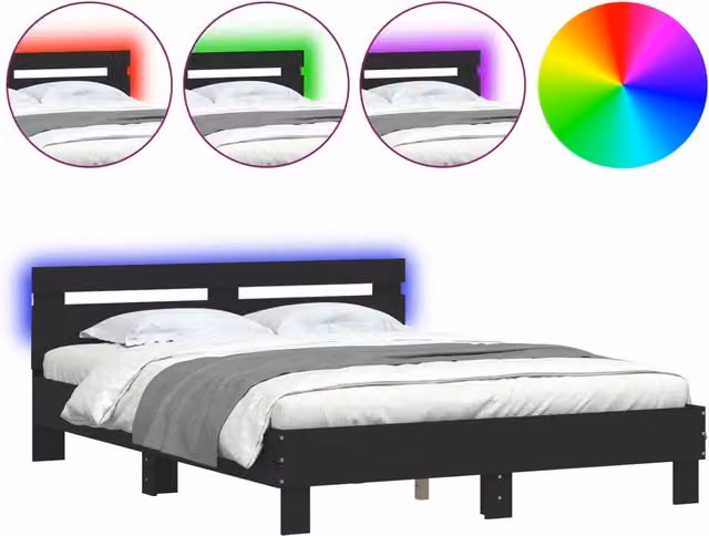 Letto matrimoniale | Letto per adulti | Giroletto con Testiera e LED Nero 140x190 cm