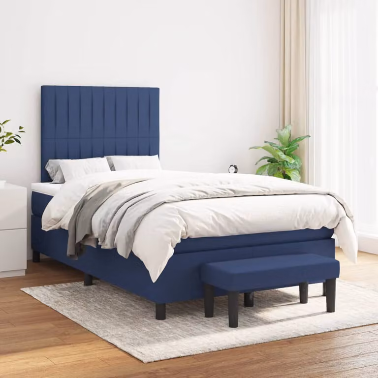 vidaXL Letto Ibrido con Giroletto a Molle e Materasso in Tessuto Blu e Bianco L/P/H: 120 x 200 cm