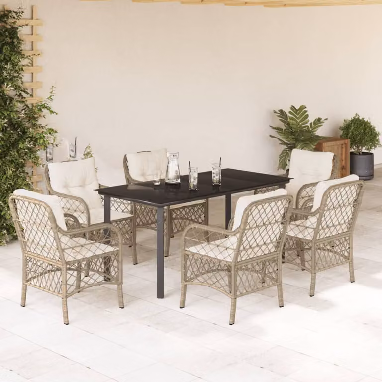 vidaXL Set da Pranzo da Giardino 7 pz in Polyrattan con Cuscini Beige e Tavolo in Vetro