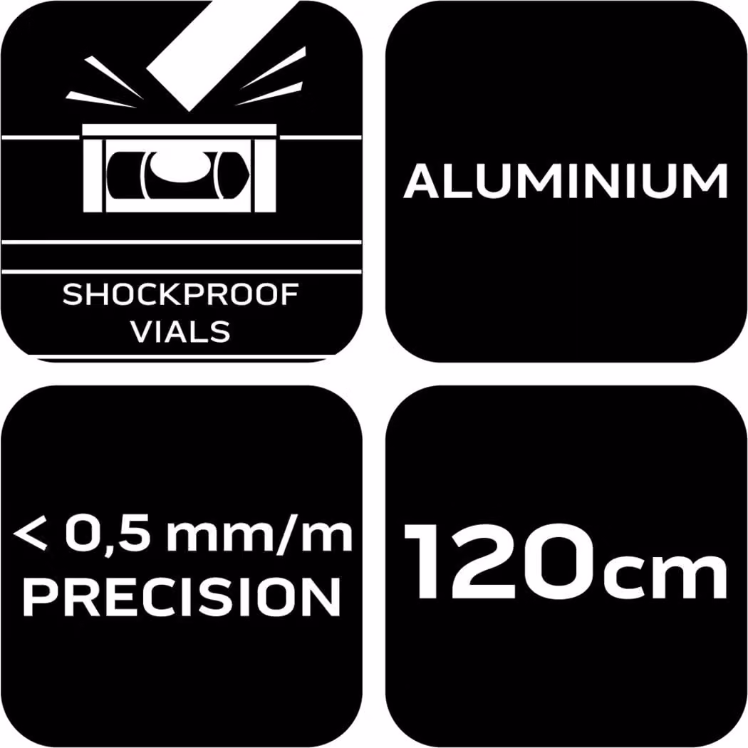 Livella NEO TOOLS in alluminio, 0,5 mm/m 40, 60, 80, 100, 120, 150, 200 cm con attacco antiurto - 120 cm