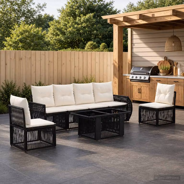 Set Divano da Giardino vidaXL 7 Pezzi Moderno in Polyrattan con Cuscini Imbottiti e Tavolino, Nero e Bianco Crema