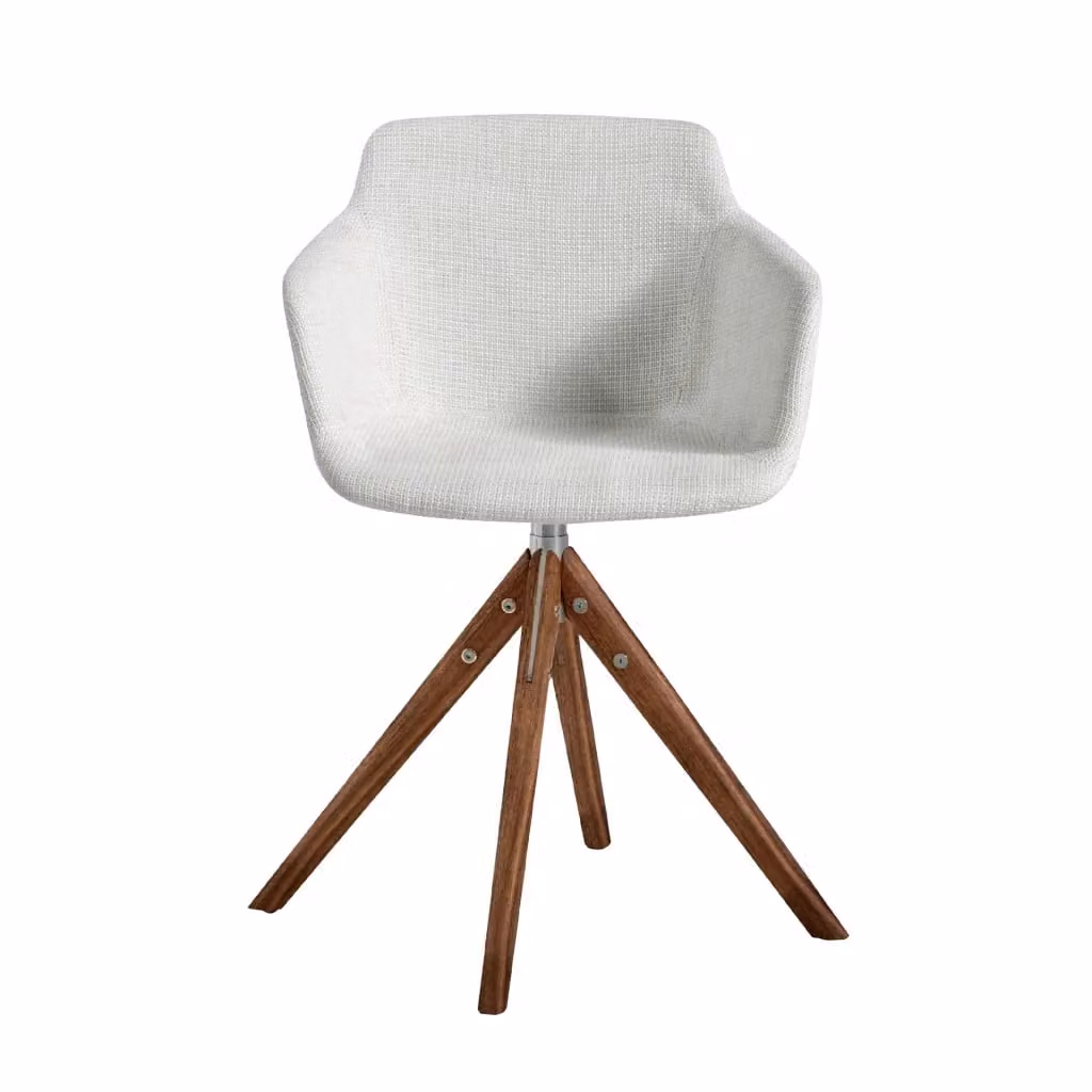 Sedia girevole moderna Angel Cerdá in tessuto beige con struttura in legno e braccioli