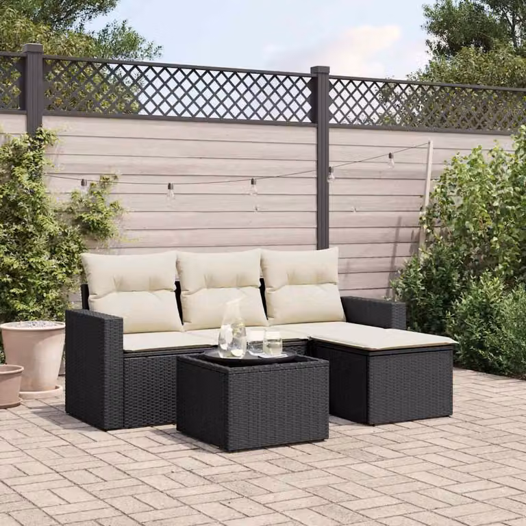 vidaXL Set Divani da Giardino a L 5 pz in Polyrattan Nero con Cuscini e Tavolino