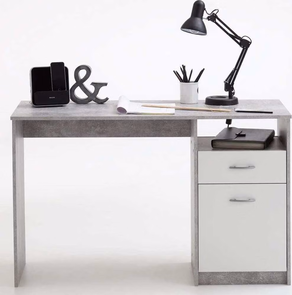 Scrivania FMD con 1 cassetto 123×50×76,5 cm cemento grigio e bianco