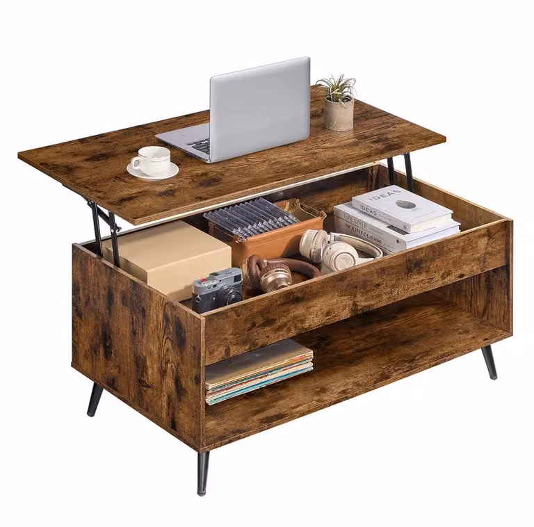 Tavolino con piano regolabile e vano contenitore nascosto | Colore: marrone vintage e nero opaco | Dimensioni: 100x50x45/58,5 cm