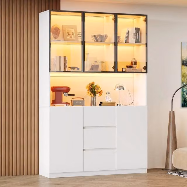 Vetrina in Vetro con Illuminazione LED ¨C Minimal ¨C 120x40x200 cm, 3 cassetti, 2 ante, legno, per soggiorno