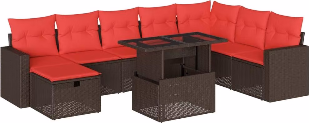 Set Divani da Giardino 9 pz con Cuscini Marrone in Polyrattan