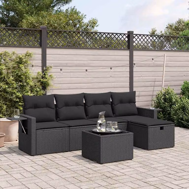 vidaXL Set Divano da Giardino 6 pz a L con Cuscini Neri in Polyrattan e Acciaio