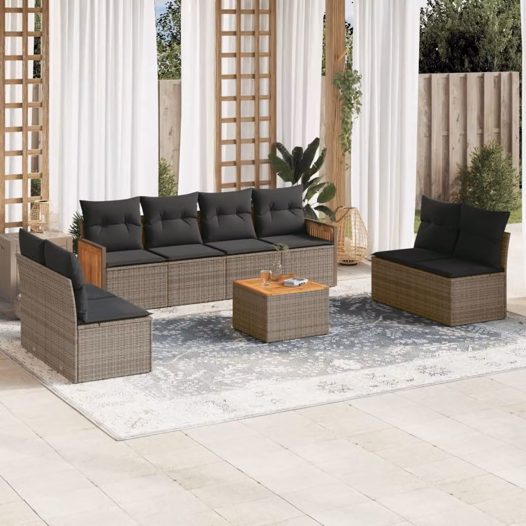 vidaXL Set Divano da Giardino 9 pz in Polyrattan Grigio con Cuscini e Tavolino da Caffè – 1