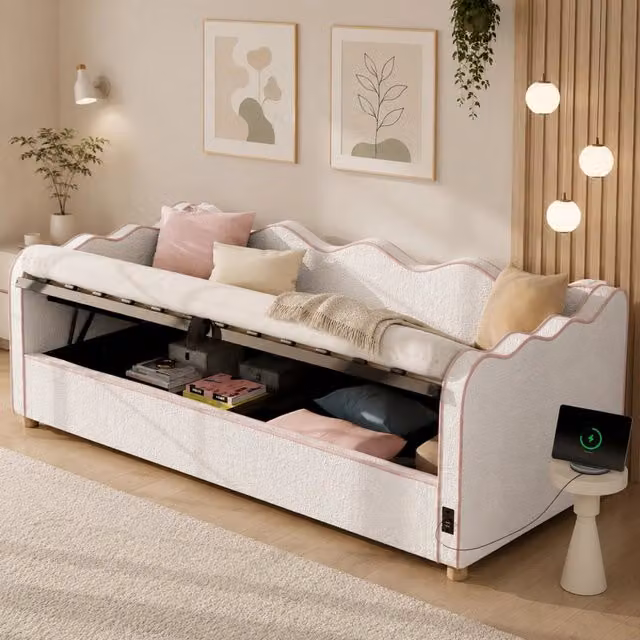 Letto per bambini 90 × 200 cm con vano idraulico, presa USB e Tipo C, senza materasso, bouclé beige