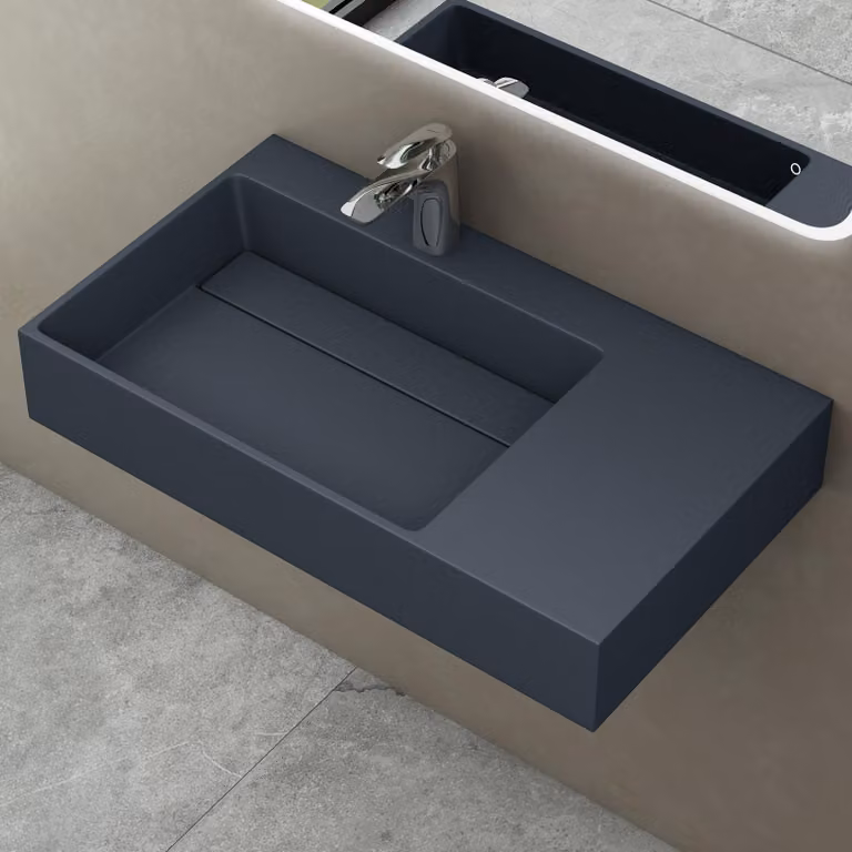 doporro Lavabo Bagno Sospeso Lavabo da Appoggio Rettangolare in Marmo Resina Antracite Opaco, Vasca a Sinistra 75x43x14 cm con 1 Foro Rubinetto e Piletta Scarico, Colossum12
