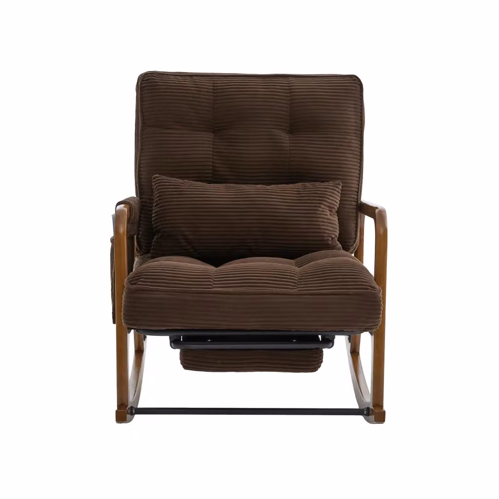 Poltrona Dondolo Minimal con Poggiapiedi Marrone in Velluto e Struttura in Legno Massello con Schienale Regolabile e Cuscino Lombare – 2