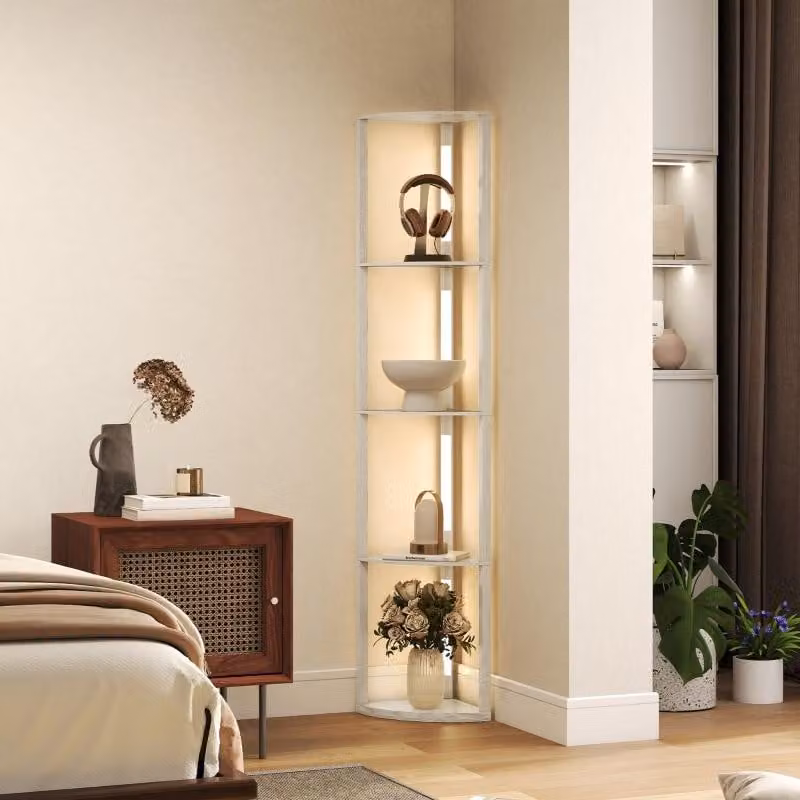 Lampada da terra LED Moonbite, utilizzabile anche come scaffale angolare, altezza 163,5 cm, con 3 livelli di intensità regolabili, luce bianco caldo 3000 K, 4 ripiani da 2 kg ciascuno, luce direzionabile a sinistra o a destra, interruttore a pedale, legno