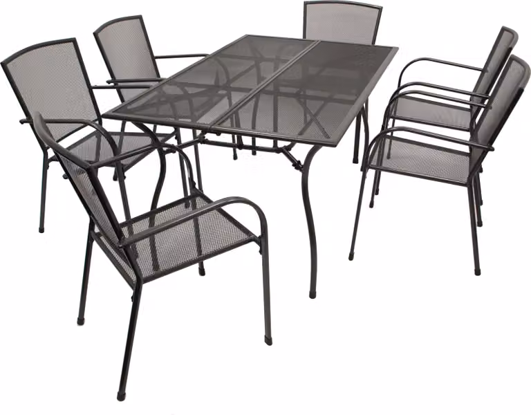 Set da giardino DEGAMO CLASSIC, 7 pezzi, in lamiera stirata antracite (6 poltrone impilabili + 1 tavolo 90x150 cm)