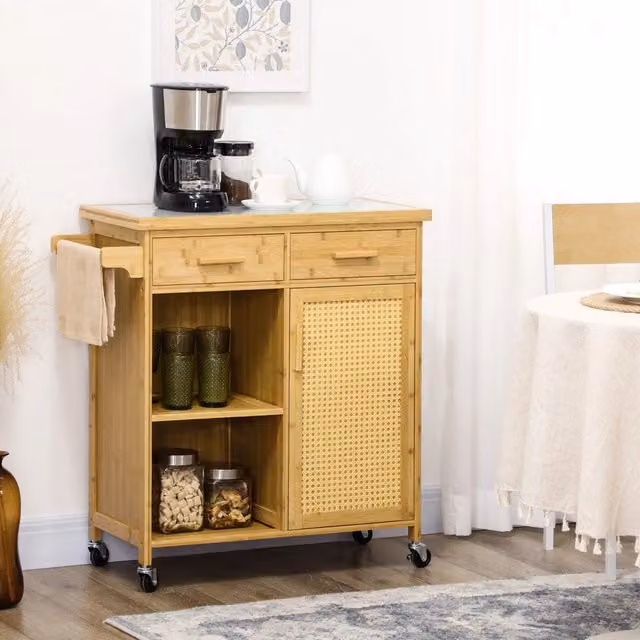 Carrello da cucina WISHDOR in bambù e vetro, stile boho, colore marrone e beige, con cassetti, ripiani aperti e armadietto, L: 85.0 cm, P: 50.0 cm, H: 84.0 cm