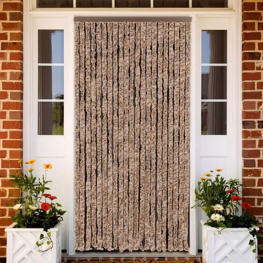 Tenda Antimosche vidaXL in Ciniglia Beige e Marrone Scuro, Termoisolante e Semitrasparente, L: 90 cm, H: 200 cm