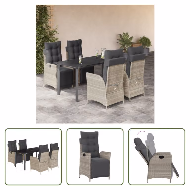 The Living Store Set da pranzo da giardino 5 pezzi con cuscini in rattan grigio chiaro