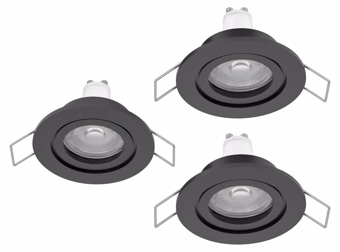EGLO Set di 3 faretti LED da incasso Barranco, plafoniera per bagno, realizzata in plastica nera, luce bianca neutra, include lampadine GU10, grado di protezione IP44
