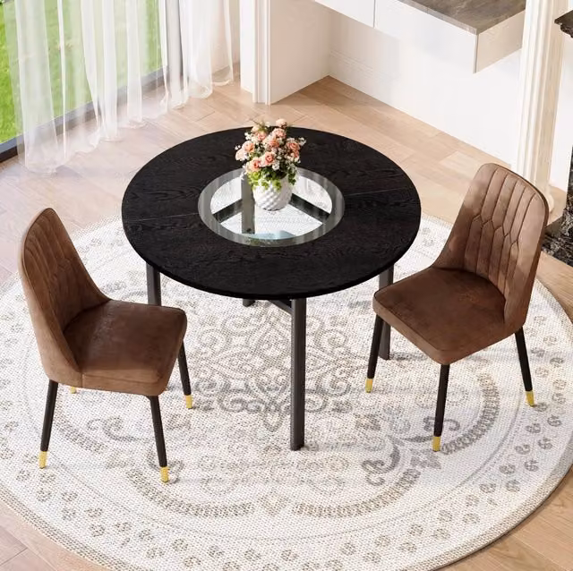 Set tavolo rotondo Ø100 cm in MDF nero con vetro e sedute in tessuto tecnico marrone