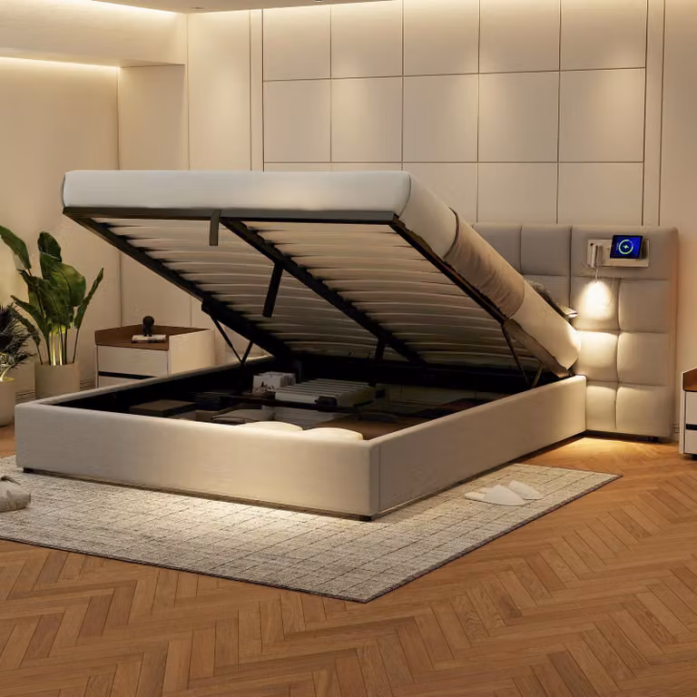 Letto imbottito Abrihome 180x200cm con USB e LED, letto idraulico matrimoniale con rete a doghe e contenitore, PU, grigio